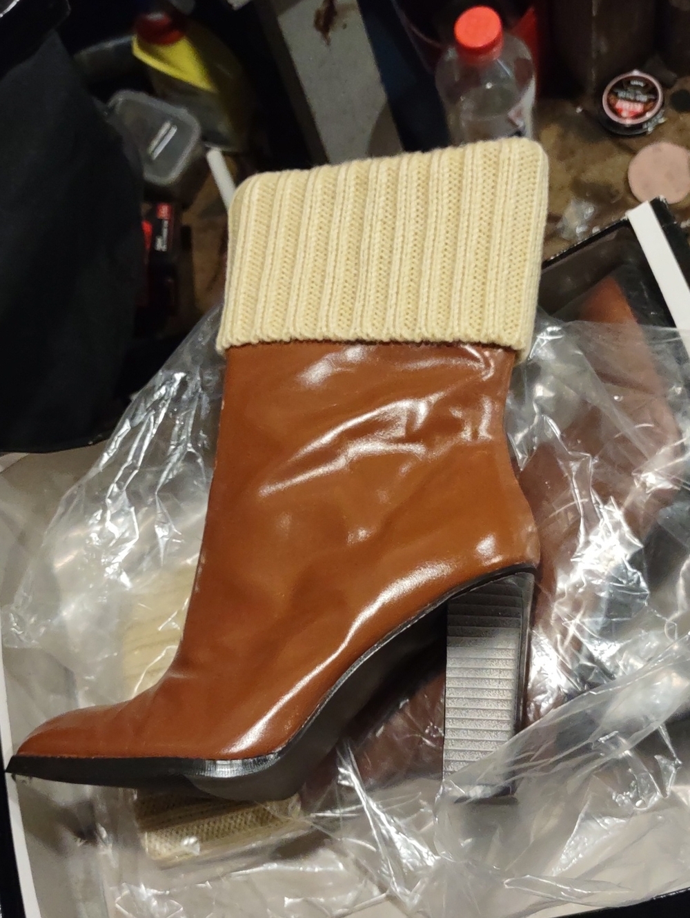 Newport News Tan Brown Leather Ankle Boot with Cream Knit Cuff